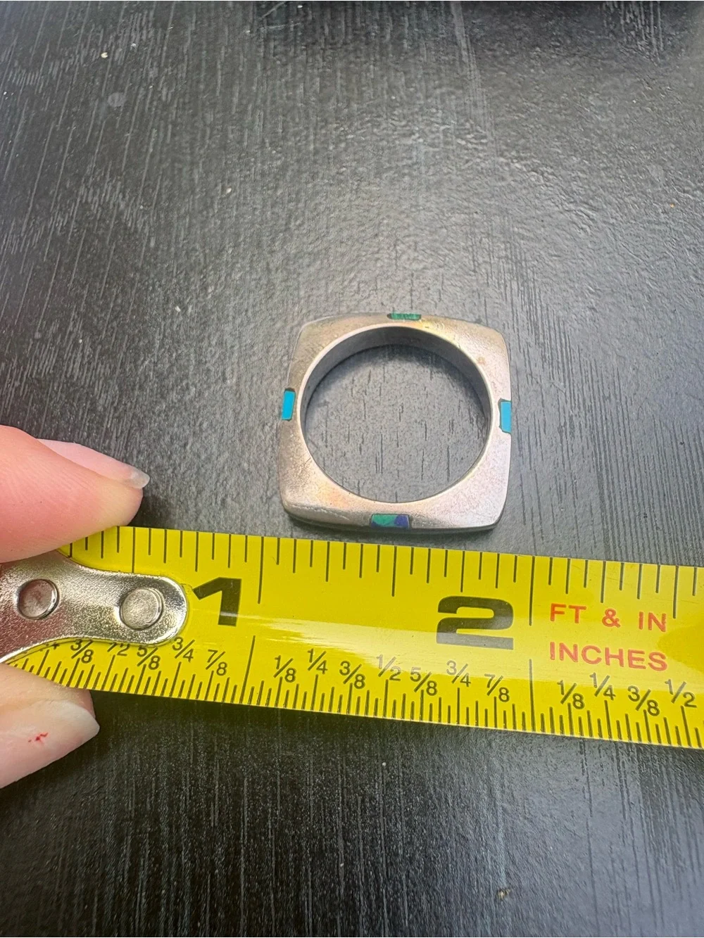 Square Mexico Silver Inlay Ring with Green and Turquoise Stones - Size 10.5